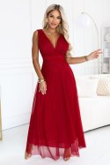 687-2 Elegancka sukienka maxi z kopertowym dekoltem i odkrytymi plecami - jasne bordo