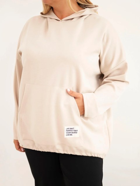 Bluza damska Plus Size masełko z kapturem i kieszenią kangurką beżowa