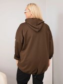 Bluza damska Plus Size wiskozowa z kapturem i ozdobnymi paskami brązowa