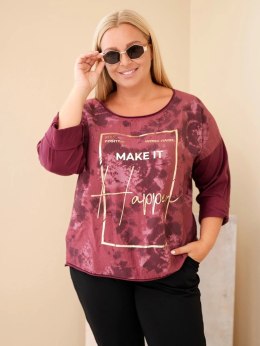 Bluzka damska bawełniana Plus Size z nadrukiem i dekoltem U śliwkowa