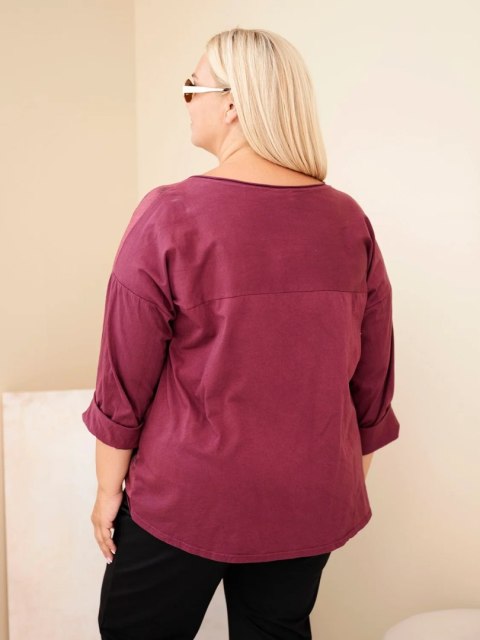 Bluzka damska bawełniana Plus Size z nadrukiem i dekoltem U śliwkowa