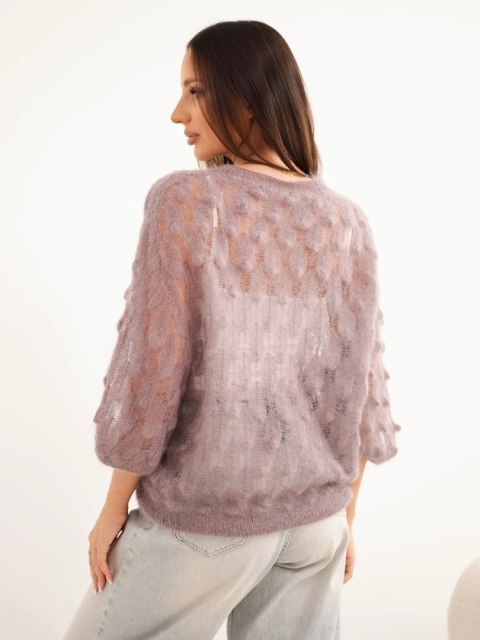 Sweter damski w 70% z kid moheru ażurowy z krótkim rękawem fango