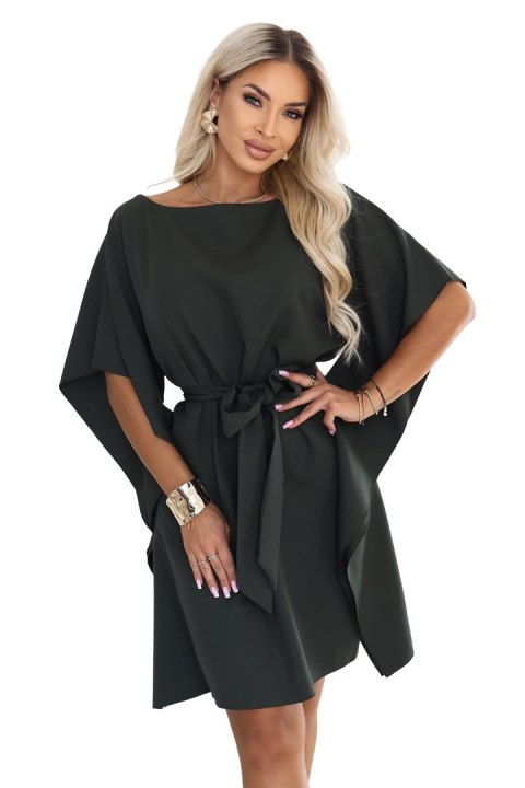 287-46 SOFIA Kobieca sukienka typu motyl z wiązaniem w pasie - ciemny khaki