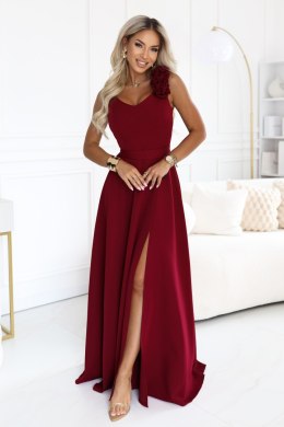 643-9 Elegancka wieczorowa suknia maxi z rozcięciem i różami - bordowa