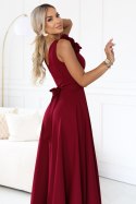 643-9 Elegancka wieczorowa suknia maxi z rozcięciem i różami - bordowa