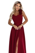 643-9 Elegancka wieczorowa suknia maxi z rozcięciem i różami - bordowa