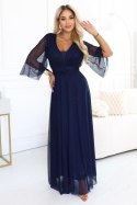 654-7 Długa połyskująca sukienka plus size z dekoltem i transparentnym rękawkiem - granatowa