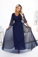 654-7 Długa połyskująca sukienka plus size z dekoltem i transparentnym rękawkiem - granatowa