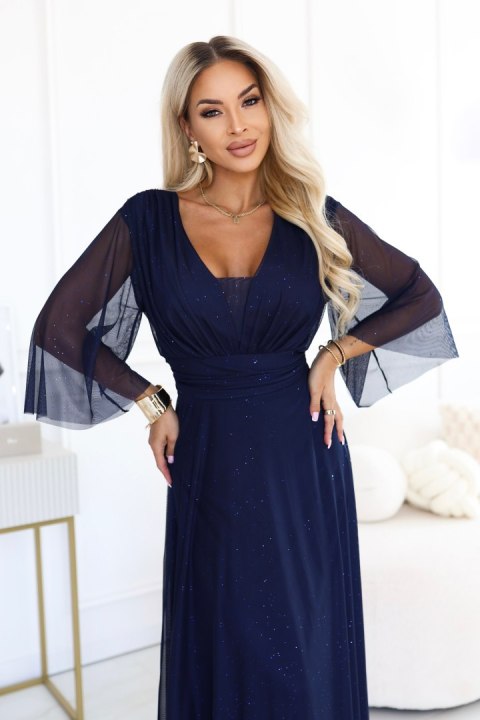 654-7 Długa połyskująca sukienka plus size z dekoltem i transparentnym rękawkiem - granatowa