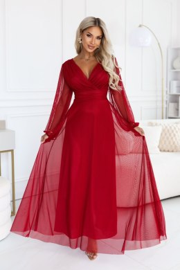 684-1 NERISSA elegancka tiulowa sukienka maxi z kopertowym dekoltem - jasne bordo