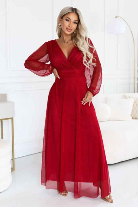 684-1 NERISSA elegancka tiulowa sukienka maxi z kopertowym dekoltem - jasne bordo