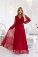 684-1 NERISSA elegancka tiulowa sukienka maxi z kopertowym dekoltem - jasne bordo