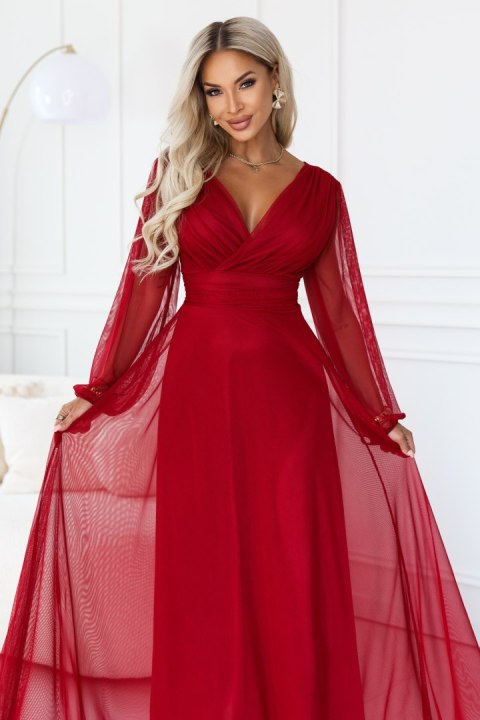 684-1 NERISSA elegancka tiulowa sukienka maxi z kopertowym dekoltem - jasne bordo