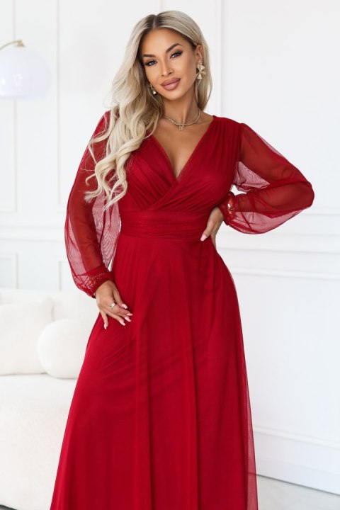 684-1 NERISSA elegancka tiulowa sukienka maxi z kopertowym dekoltem - jasne bordo