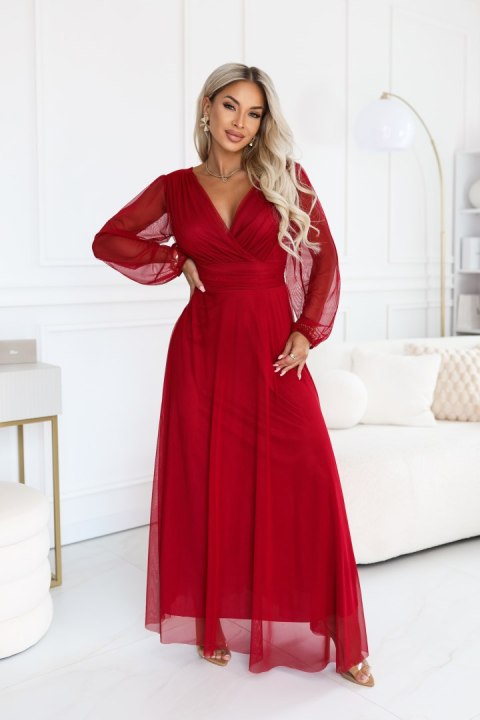 684-1 NERISSA elegancka tiulowa sukienka maxi z kopertowym dekoltem - jasne bordo