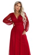 684-1 NERISSA elegancka tiulowa sukienka maxi z kopertowym dekoltem - jasne bordo