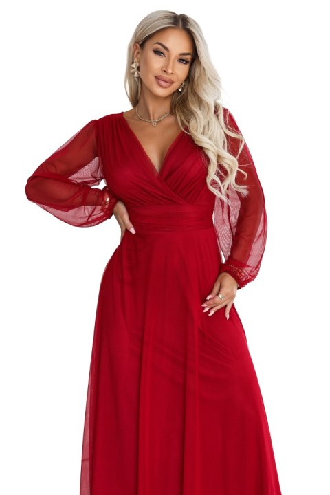 684-1 NERISSA elegancka tiulowa sukienka maxi z kopertowym dekoltem - jasne bordo