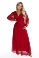 684-1 NERISSA elegancka tiulowa sukienka maxi z kopertowym dekoltem - jasne bordo