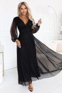 684-4 NERISSA elegancka tiulowa sukienka maxi z kopertowym dekoltem - czarna