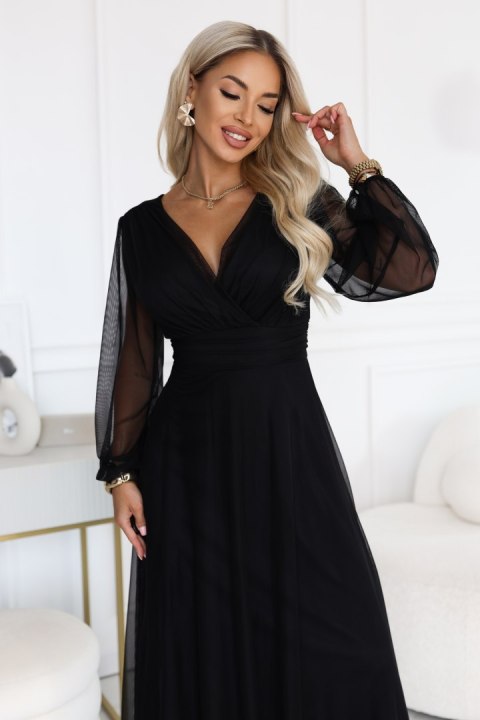 684-4 NERISSA elegancka tiulowa sukienka maxi z kopertowym dekoltem - czarna