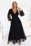 684-4 NERISSA elegancka tiulowa sukienka maxi z kopertowym dekoltem - czarna