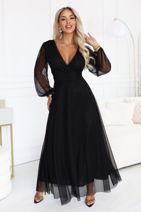 684-4 NERISSA elegancka tiulowa sukienka maxi z kopertowym dekoltem - czarna