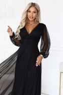684-4 NERISSA elegancka tiulowa sukienka maxi z kopertowym dekoltem - czarna