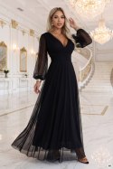 684-4 NERISSA elegancka tiulowa sukienka maxi z kopertowym dekoltem - czarna
