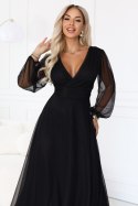 684-4 NERISSA elegancka tiulowa sukienka maxi z kopertowym dekoltem - czarna