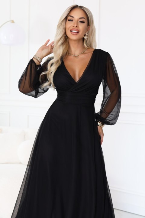 684-4 NERISSA elegancka tiulowa sukienka maxi z kopertowym dekoltem - czarna