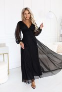 684-4 NERISSA elegancka tiulowa sukienka maxi z kopertowym dekoltem - czarna