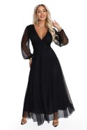684-4 NERISSA elegancka tiulowa sukienka maxi z kopertowym dekoltem - czarna