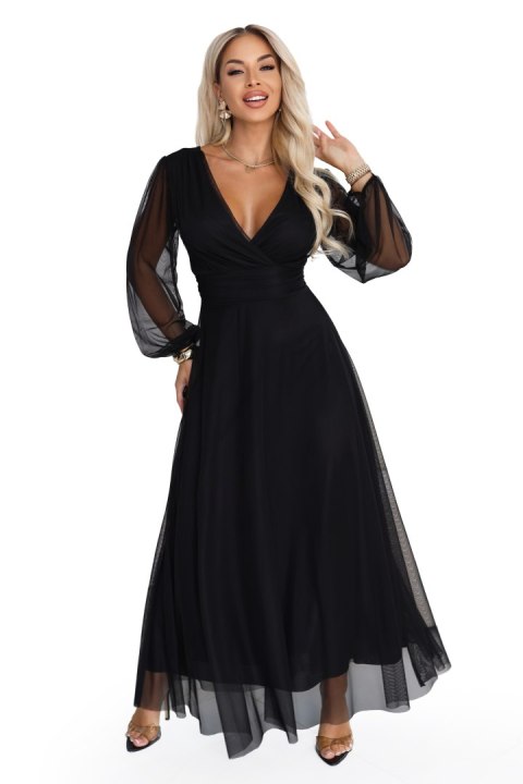 684-4 NERISSA elegancka tiulowa sukienka maxi z kopertowym dekoltem - czarna