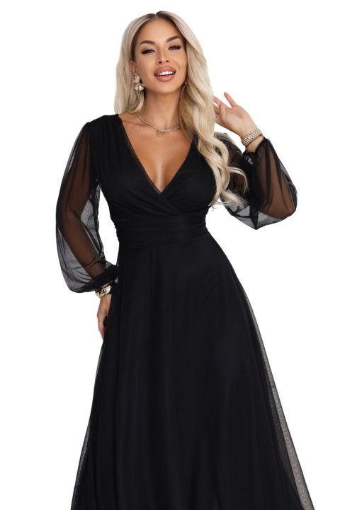 684-4 NERISSA elegancka tiulowa sukienka maxi z kopertowym dekoltem - czarna