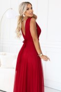 687-2 Elegancka sukienka maxi z kopertowym dekoltem i odkrytymi plecami - jasne bordo