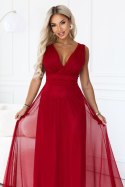 687-2 Elegancka sukienka maxi z kopertowym dekoltem i odkrytymi plecami - jasne bordo