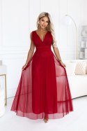 687-2 Elegancka sukienka maxi z kopertowym dekoltem i odkrytymi plecami - jasne bordo
