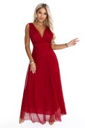 687-2 Elegancka sukienka maxi z kopertowym dekoltem i odkrytymi plecami - jasne bordo