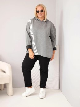 Bluza damska Plus Size wiskozowa z kapturem i ozdobnymi paskami ciemno szara