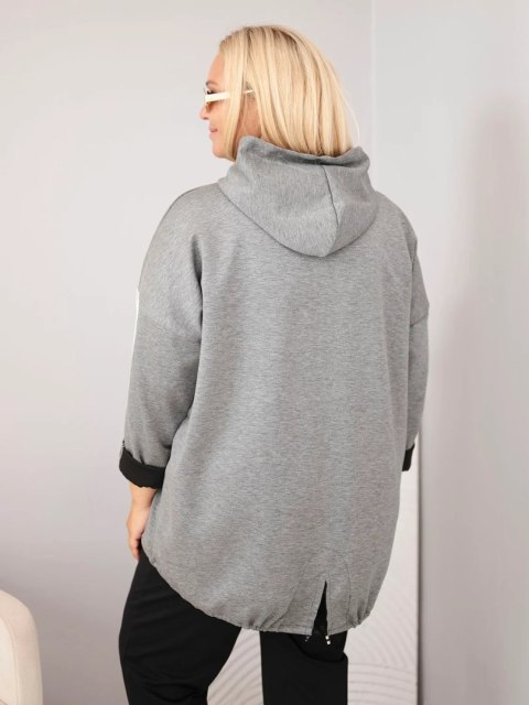 Bluza damska Plus Size wiskozowa z kapturem i ozdobnymi paskami ciemno szara