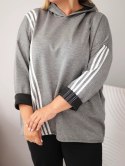 Bluza damska Plus Size wiskozowa z kapturem i ozdobnymi paskami ciemno szara