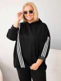Bluza damska Plus Size wiskozowa z kapturem i ozdobnymi paskami czarna