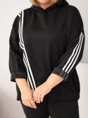 Bluza damska Plus Size wiskozowa z kapturem i ozdobnymi paskami czarna