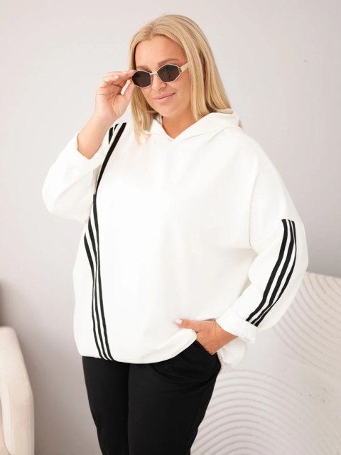 Bluza damska Plus Size wiskozowa z kapturem i ozdobnymi paskami ecru