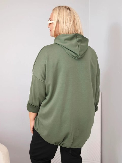 Bluza damska Plus Size wiskozowa z kapturem i ozdobnymi paskami khaki
