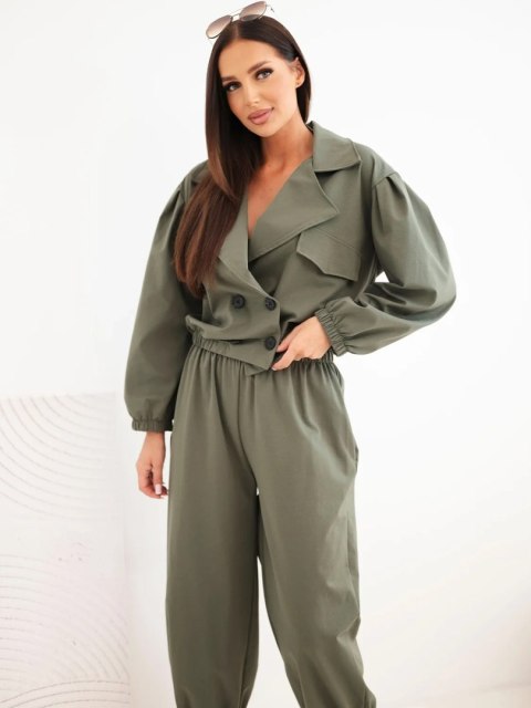Komplet damski bawełniany z kołnierzem i spodniami jogger khaki