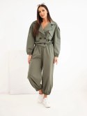 Komplet damski bawełniany z kołnierzem i spodniami jogger khaki
