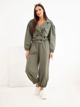 Komplet damski bawełniany z kołnierzem i spodniami jogger khaki