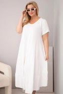 Sukienka damska plus size z krótkim rękawem i falbaną z lekkiej wiskozy biała