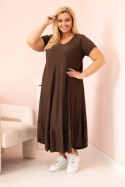 Sukienka damska plus size z krótkim rękawem i falbaną z lekkiej wiskozy brązowa